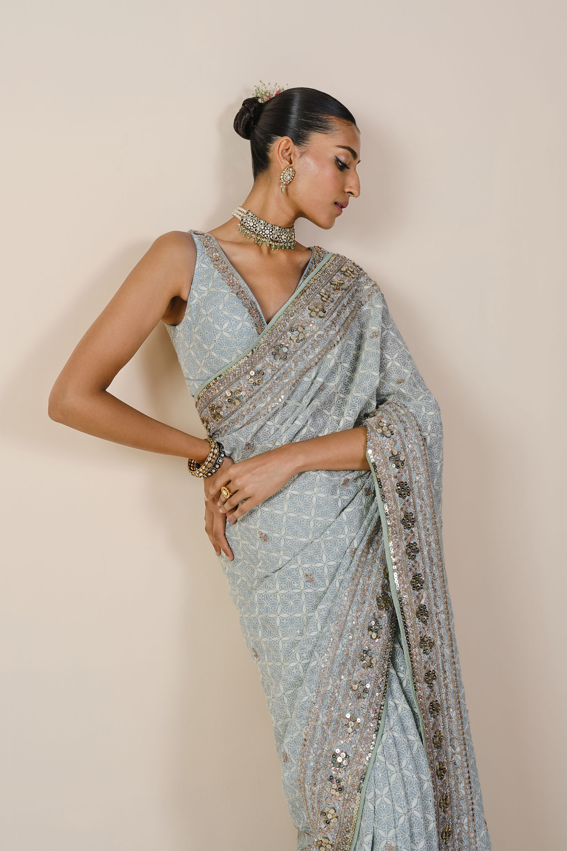 Aaloka Embroidered Georgette Saree, Powder Blue, image 6
